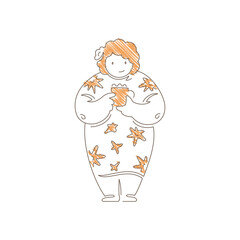 Woman holding a coffee mug with autumn leaves on her dress. Calm content expression and gentle pose convey seasonal coziness, peaceful relaxation and warm beverage moment. Line art vector illustration