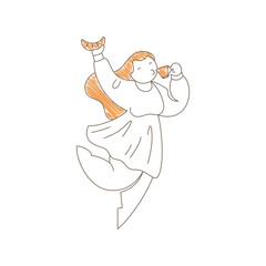 Woman dancing while holding a coffee cup and croissant. Blissful expression with closed eyes conveys carefree joy, cafe happiness and spontaneous delightful movement. Line art vector illustration