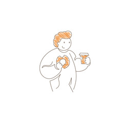 Man holding a coffee cup and donut with happy smile. Relaxed posture and simple lines convey cheerful indulgence, sweet treat enjoyment and cozy cafe moment. Line art vector illustration