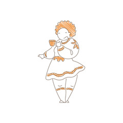 Woman holding a coffee mug in a ruffled striped dress. Gentle smile and relaxed pose convey playful comfort, cozy beverage moment and cheerful everyday happiness. Line art vector illustration