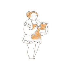 Waitress holding a menu and pen in coffee shop. Friendly posture and cheerful expression convey professional hospitality, service readiness and welcoming cafe atmosphere. Line art vector illustration