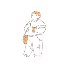 Man in loose clothing holding a coffee cup with shoulder bag. Content smiling expression conveys casual urban style, relaxed comfort and everyday coffee break moment. Line art vector illustration