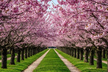 Vibrant pink cherry blossoms line a sunny garden path in early spring morning.