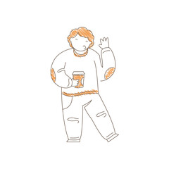 Man holding takeaway coffee and waving hand. Friendly smile and casual pose convey social greeting, cafe departure and warm friendly interaction moment. Line art vector illustration