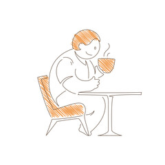 Fototapeta premium Man sitting at a small table with a steaming coffee cup. Relaxed leaning posture and content expression convey cozy cafe atmosphere, peaceful break and simple beverage moment. Line art illustration