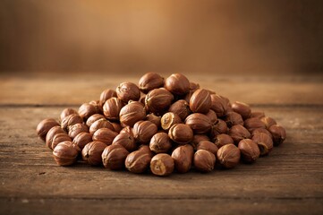 Heap of hazelnuts still in their shells on a rustic wooden surface