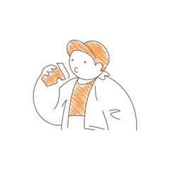 Man in a cap drinking takeout coffee while standing. Relaxed leaning back posture and content expression convey casual coffee break, urban style and simple beverage enjoyment. Line art illustration