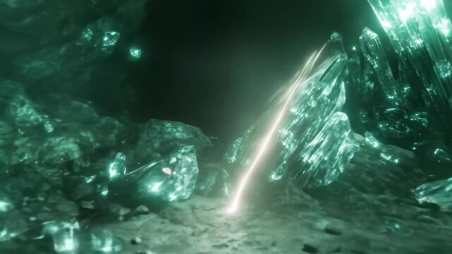 Glowing crystal formations inside of a dark cave environment
