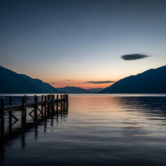 Fototapeta premium Wooden dock stretching into a tranquil lake at dusk with mountains afar