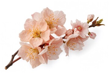 Isolated peach blossoms on a white backdrop. Nectarine twig adorned with pink blooms.