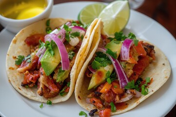Two grilled chicken tacos topped with fresh cilantro, diced red onions, and avocado slices, served with a lime wedge on the side