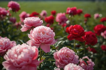Blossoming pink and red peonies in a vibrant garden setting