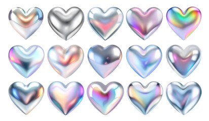 3d vector holographic chrome iridescent heart shape set. Silver metallic heart love symbol collection isolated on white background.
