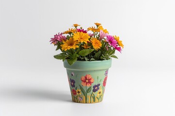 Fototapeta premium Decorated planter with floral design on a plain white surface