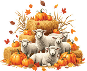 Watercolor Sheep Collection with Cozy Autumn Harvest Props