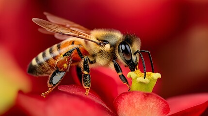 Honey bee collecting pollen from flower, macro shot of pollination process