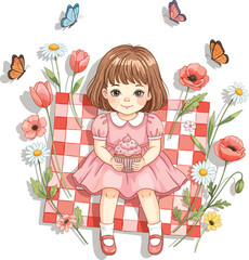Adorable Girl Enjoying Cupcake in Garden Scene