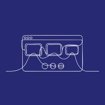 Minimalist Continuous Line Drawing of a Web Browser Window with Three Tabs and Control Buttons on a Solid Blue