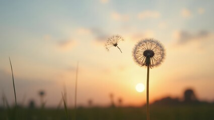 A dandelion with flying seeds against a beautiful sunset sky