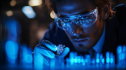 Scientist examines samples in lab with blue lighting Generative AI