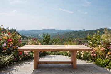 Natural Setting Featuring a Wooden Table, Floral Surroundings, and Scenic Outdoors