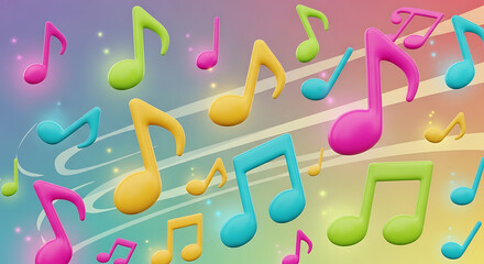 Colorful musical notes of various sizes float against a blurred rainbow background with sparkling stars.