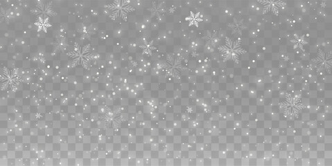 Fototapeta na wymiar Vector heavy snowfall background with many white snowflakes in various shapes and forms. Cold winter design with transparent background, flying flakes and frosty air particles. Perfect for seasonal, h