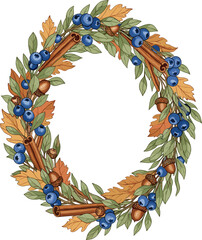 Blueberry Wreath with Autumn Harvest Elements in Watercolor Art