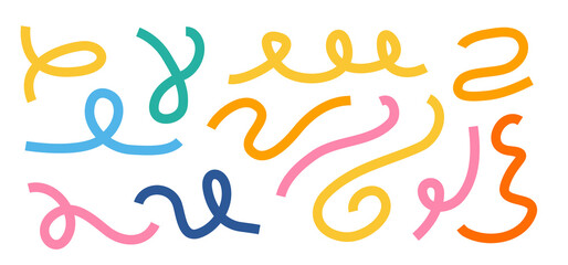 Squiggle line set. Festive element collection. Isolated squiggly vector party ribbons.