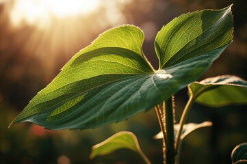 Close-up of green sunflower leaves in a garden during spring