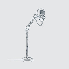 Minimalist line drawing of a vintage desk microphone with adjustable arm and round base on a plain