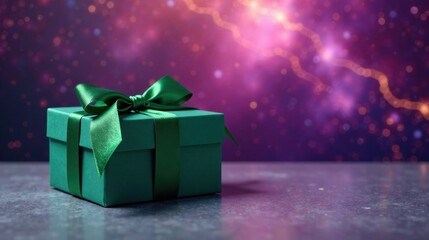 A Beautifully Wrapped Emerald Green Gift Box with a Satin Ribbon Bow on a Dark Surface Against a Sparkling Purple Background