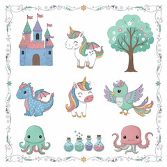 Enchanting Cartoon Fantasy Elements Unicorns, Castles, and Mystical Creatures Set