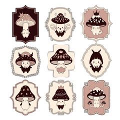 Adorable Mushroom Creatures in Decorative Frames A Whimsical Collection for Designs