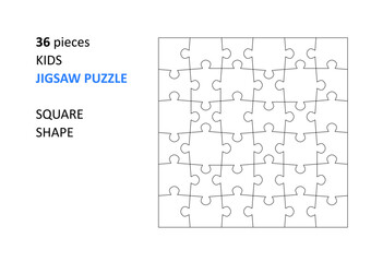 Jigsaw puzzle blank template. Cutting lines grid design for kids jigsaw square puzzle - 36 pieces.