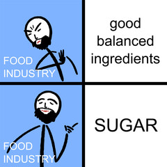 Food industry adding sugar to products meme. Funny meme for social media sharing.