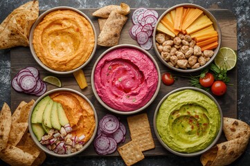 Assorted vibrant hummus varieties in dishes accompanied by veggie sticks and crispbread. Classic, beet, and avocado hummus options. Concept of meze and nutritious appetizers. Overhead shot.
