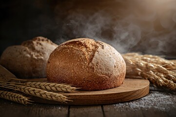 Freshly baked wholegrain bread loaf with rye and wheat ears for morning meal