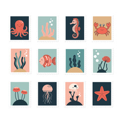 Delightful Collection of Colorful Undersea Creatures and Marine Flora Illustrated as Charming Postage Stamps for Kids