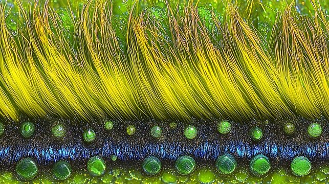 Detailed close up of a caterpillar with yellow hair and green dots