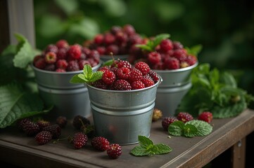 Fresh berries in metal containers on a rustic wooden surface, symbolizing summer and a healthy lifestyle