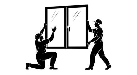 Workers installing a large window unit