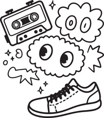 A charming black and white sketch of music, clouds, and shoes.