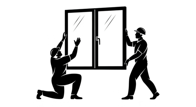 Workers installing a large window unit