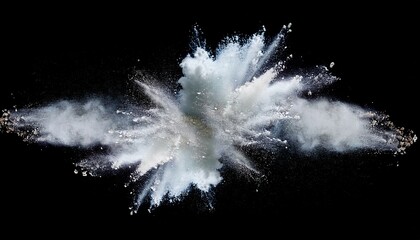 white powder or flour explosion isolated on black background freeze stop motion object design