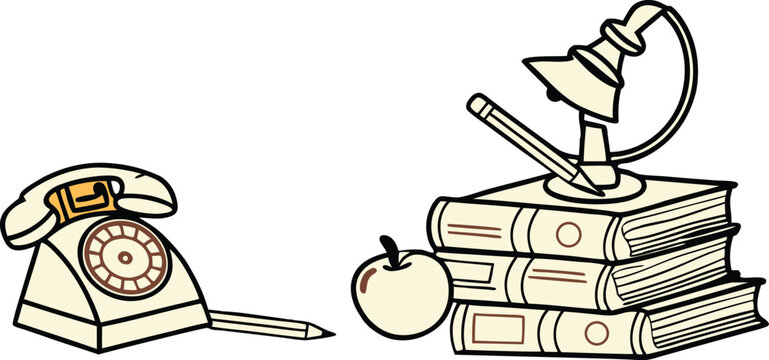 Cozy study scene with stacked books, vintage phone, apple, and lamp radiates warmth perfect for back to school promotions and educational content