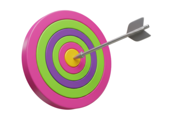 Colorful target with arrow in bullseye isolated on transparent background, 3D rendering of pink green purple and yellow concentric circles