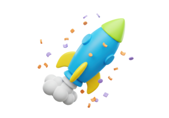 Cartoon rocket ship taking off isolated PNG, 3D render of a blue and green toy rocket with yellow fins and smoke on transparent background