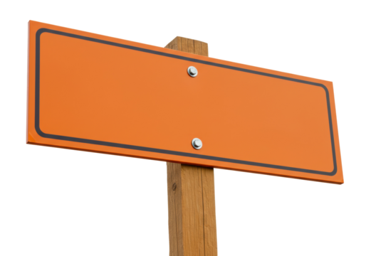Blank orange road sign isolated on white, construction signage with black border and wooden post for traffic and safety messages