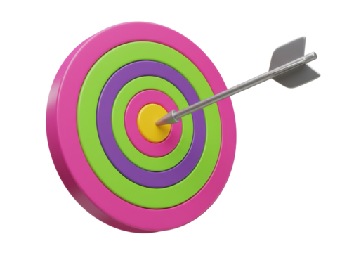 Colorful target with arrow in bullseye isolated on transparent background, 3D rendering of pink green purple and yellow concentric circles - Powered by Adobe